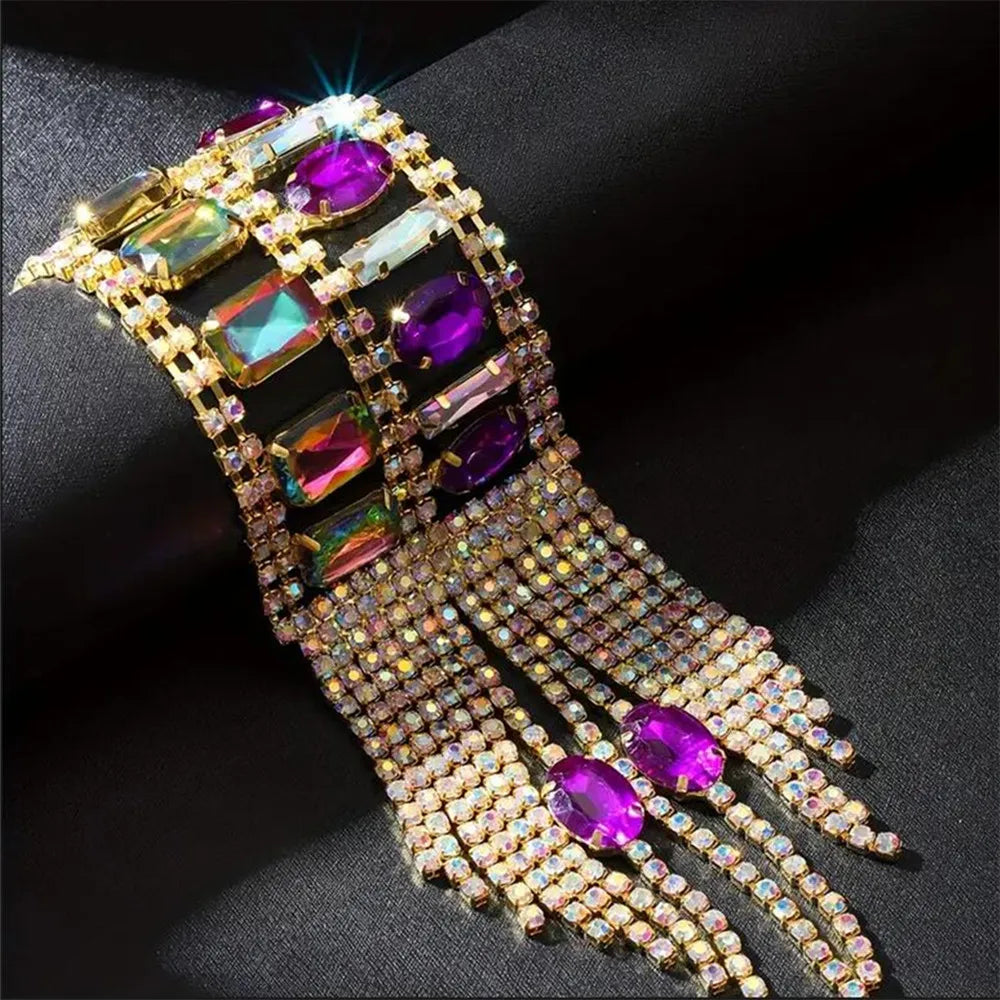 Luxury Rhinestone Crystal Purple Oval Pendant Long Fringed Hand Bracelet Wristband Hand Chain Bangle Wedding Jewelry For Women