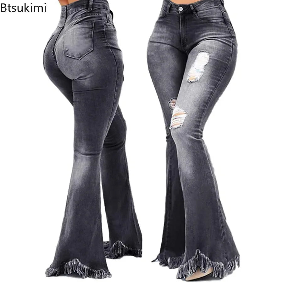 Full Length Denim Flared Pants High Waist Pockets