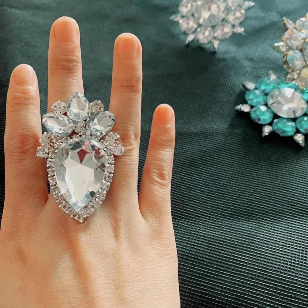 Shiny Crystal Oversized Water Drop Finger Ring