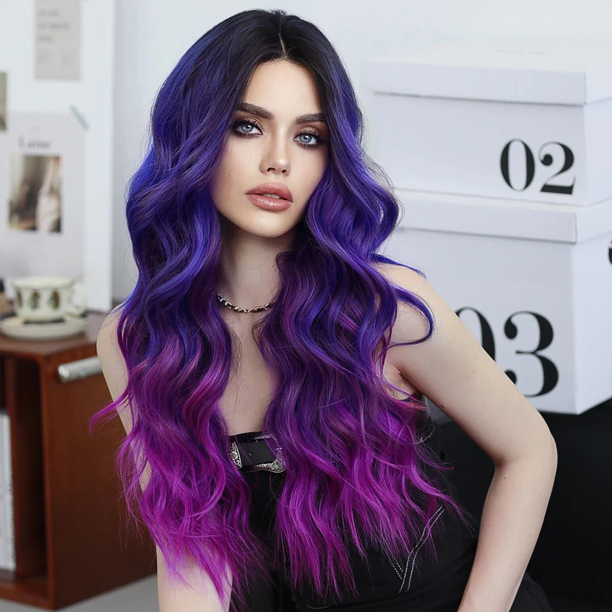 HD Transparent Lace Front Wig Blue Ombre Purple Body Wavy Wigs with Bangs
