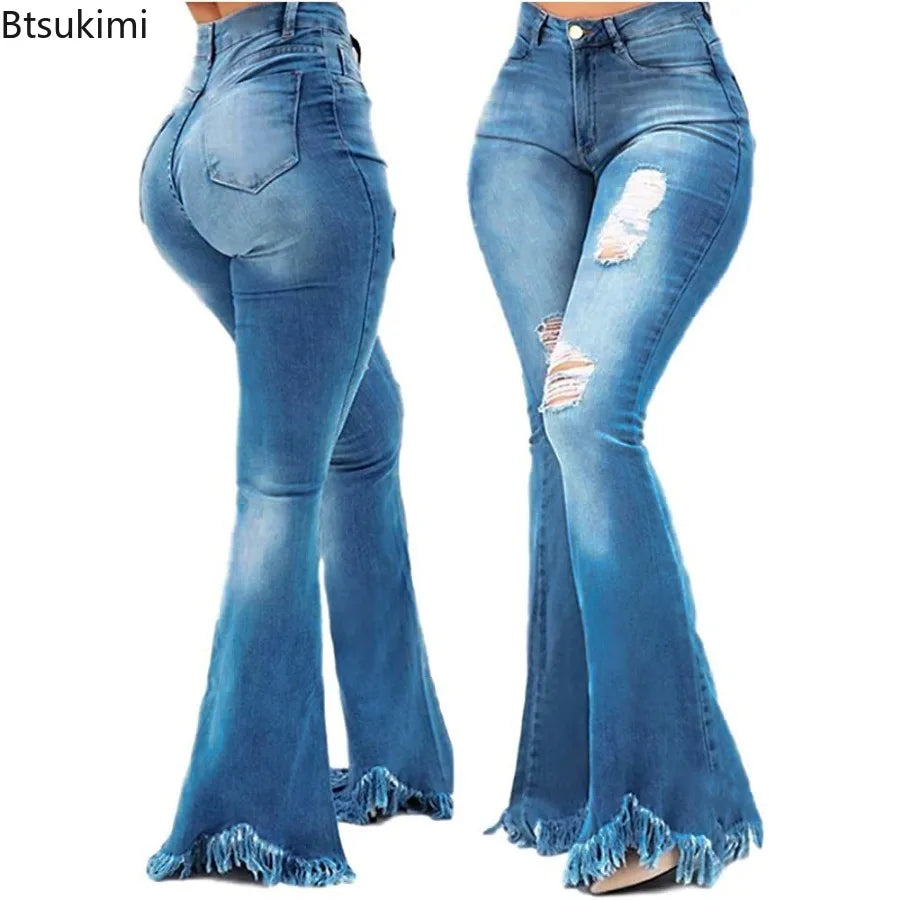 Full Length Denim Flared Pants High Waist Pockets