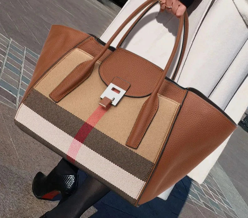 Striped Canvas Genuine Leather Trapeze Handbags