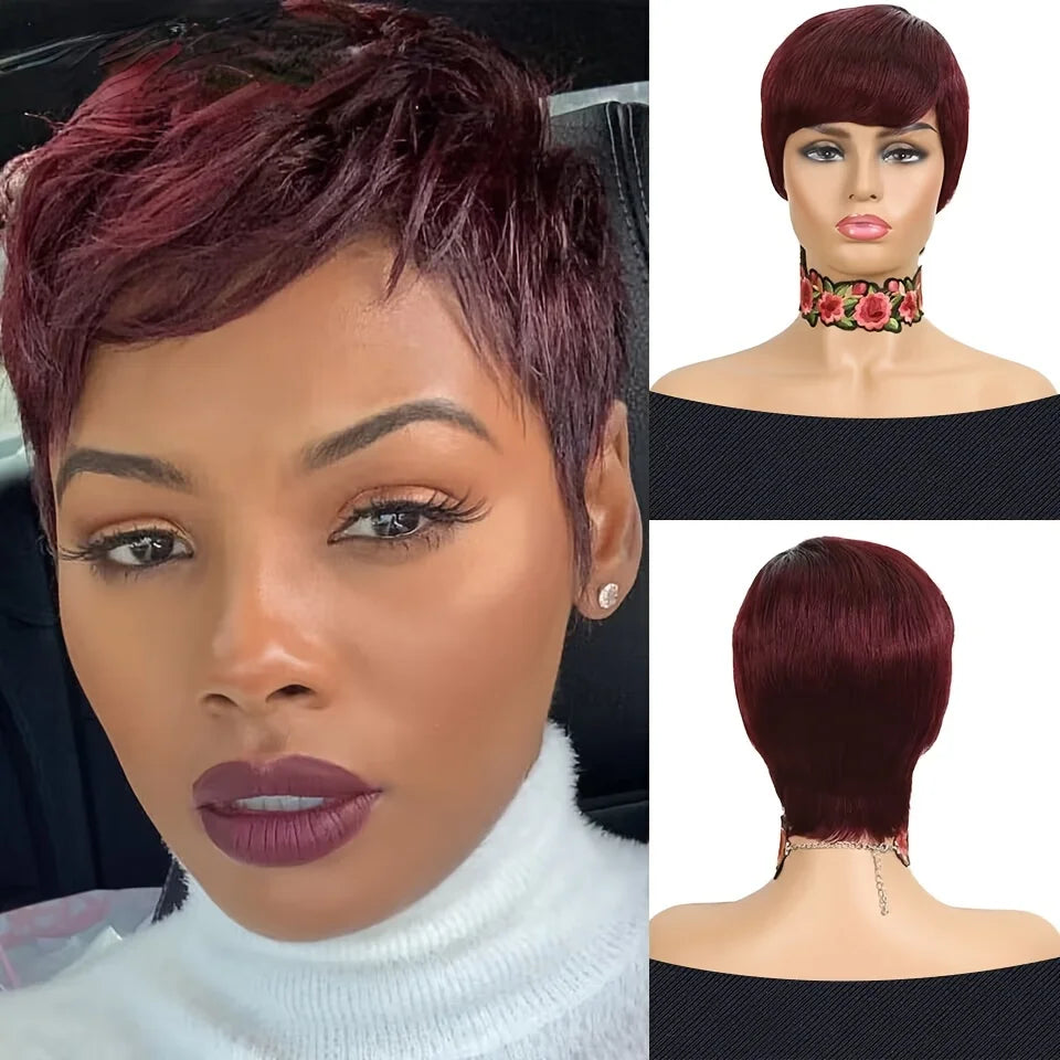 Red Burgundy 99J Color Short Bob Pixie Cut Wig With Bangs Straight Remy Human Hair Wigs For Women Full Machine Made Wig