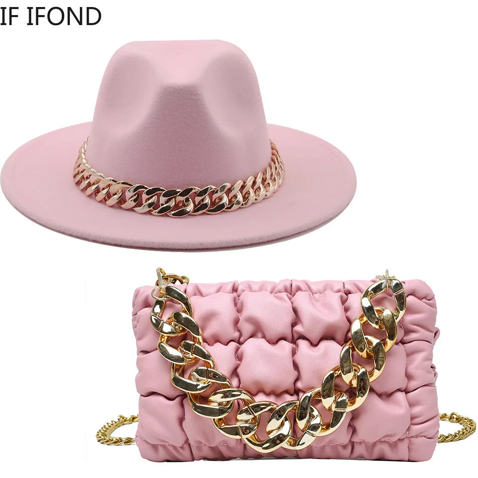 Jazzy Fedora Hats With Oversized Chain Accessory Bag One or Two Piecies