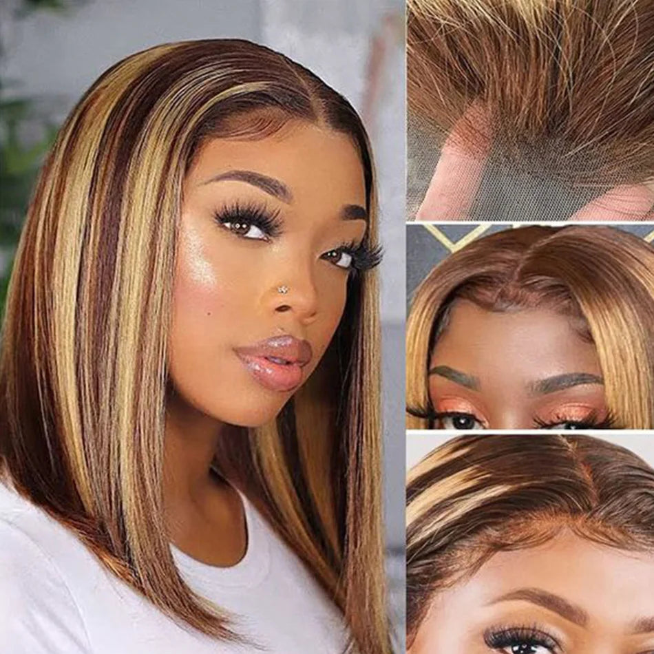 Highlight Bob Wig Human Hair Straight Short Bob Wig 13x4 Lace Front Human Hair Wigs For Women Honey Blonde Bob Lace Frontal Wig