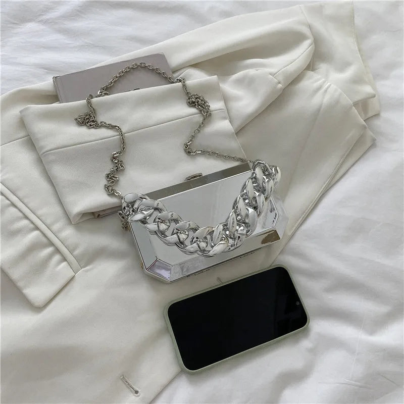 Gold Silver Metal Box Bag For Women Dinner Bags Designer High Quality Shoulder Bags Luxury Party Purses Pvc Crossbody Bag 2022