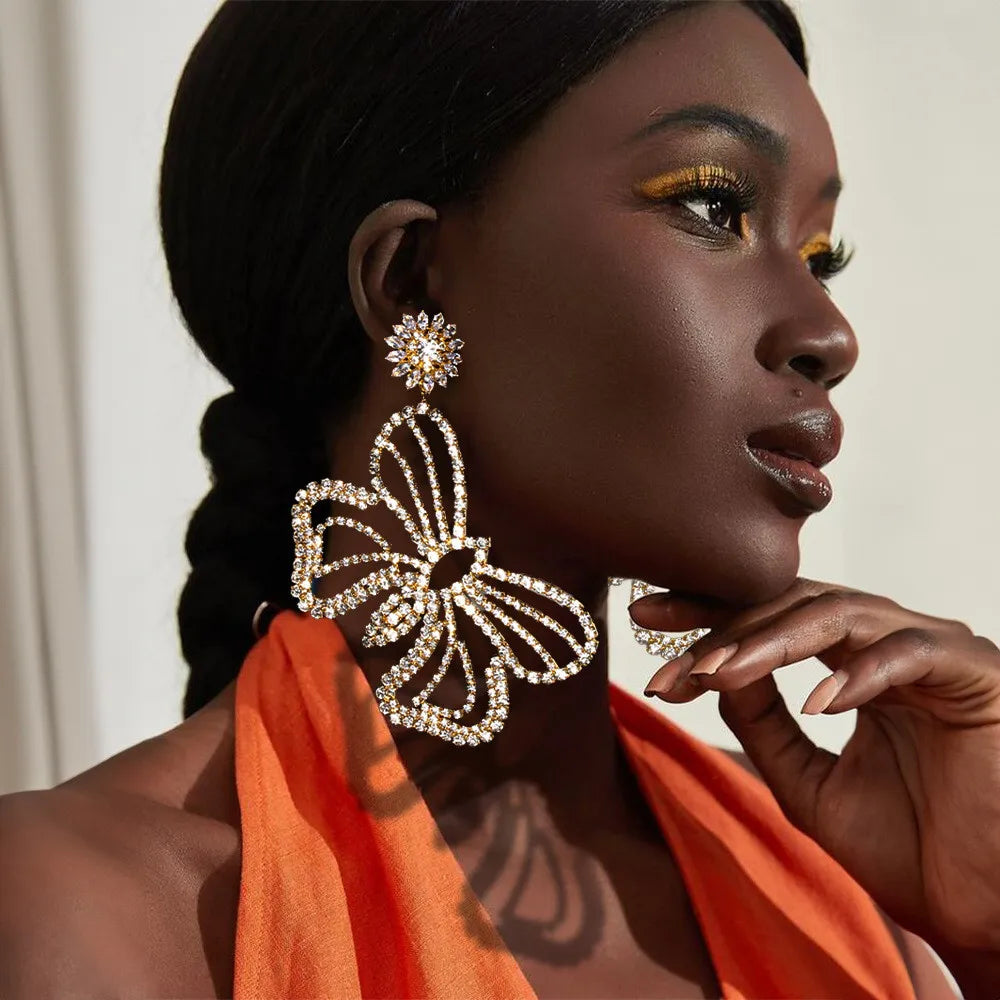 Exaggerated Rhinestone Big Butterfly Drop Dangle Earings