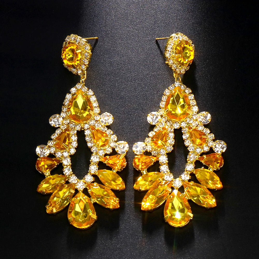 Bohemian Yellow Rhinestone Water Drop Geometric Earrings