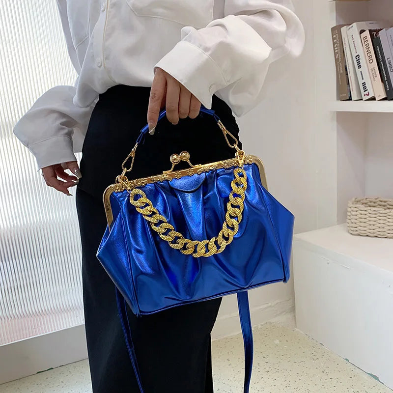 Brand Women Chain Shoulder Bags Kiss Lock Shell Clip Ruched Lady Silver Blue Green Crossbody Bags Pu Leather Handbags And Purse