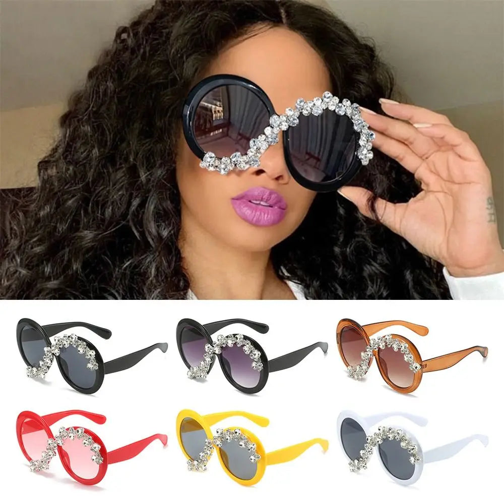 Rhinestone Decor Round Frame Sunglasses Oversized UV400 Protection Aesthetic Sun Glasses Asymmetrical Design Eyeglasses