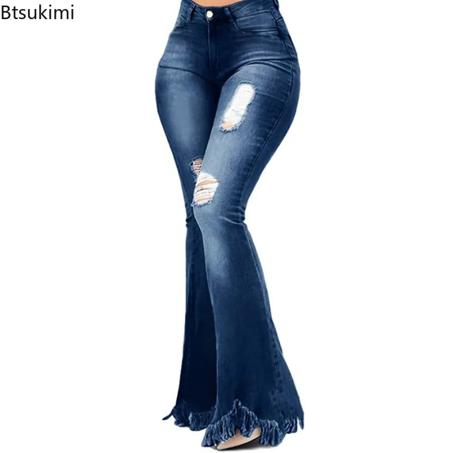 Full Length Denim Flared Pants High Waist Pockets
