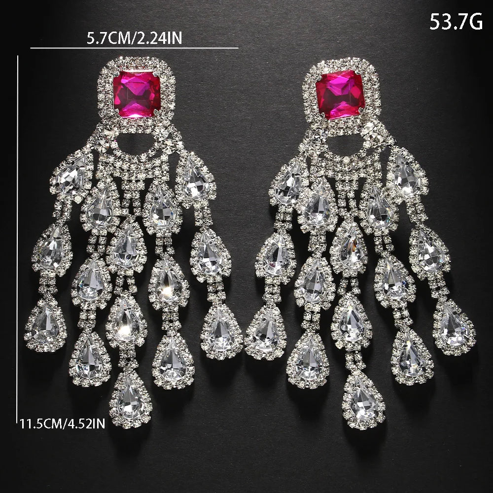 Square Crystal Large Tassel Water Drop Earrings