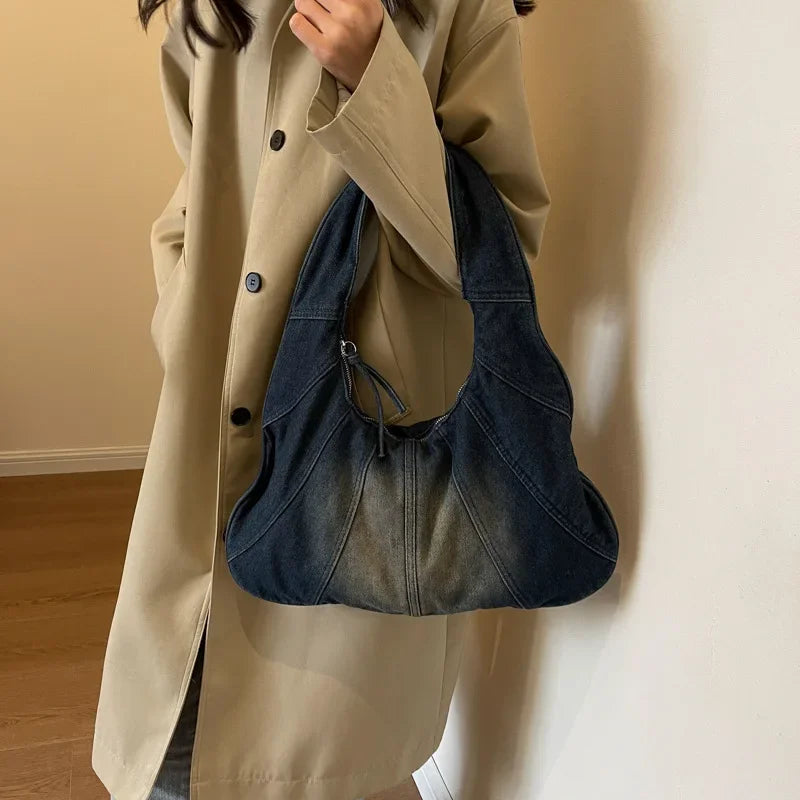 2023 New Winter Korean Fashion Shoulder Bag Lady Handbags Big Patchwork Denim Underarm Bags For Women Designer Bag And Purse