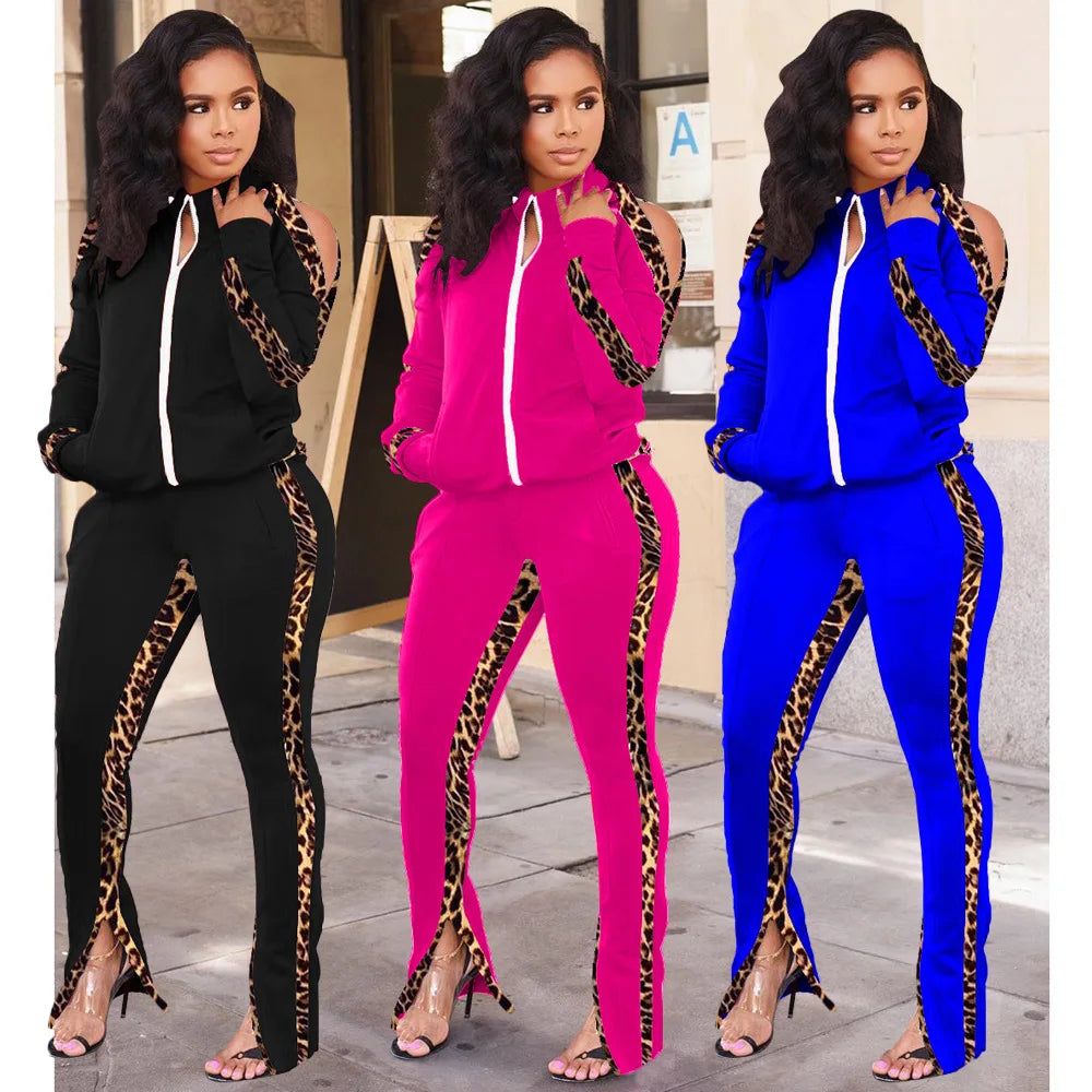 Women Suit Two-piece Leopard Print New Ladies Suit Warm Comfortable Stitching