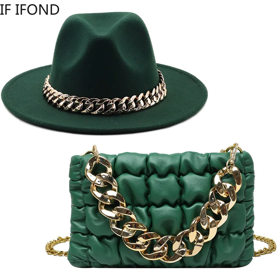 Jazzy Fedora Hats With Oversized Chain Accessory Bag One or Two Piecies