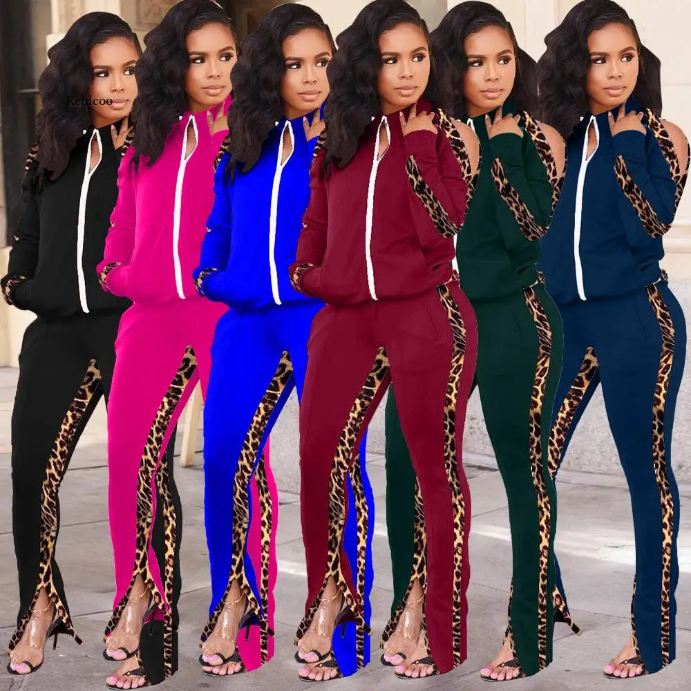 Women Suit Two-piece Leopard Print New Ladies Suit Warm Comfortable Stitching