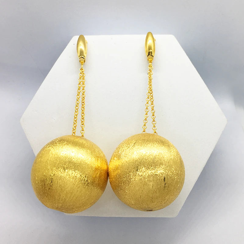 Dangle Drop Earrings African Long Chain Big Bead Hanging Teardrop 24K Gold Plated