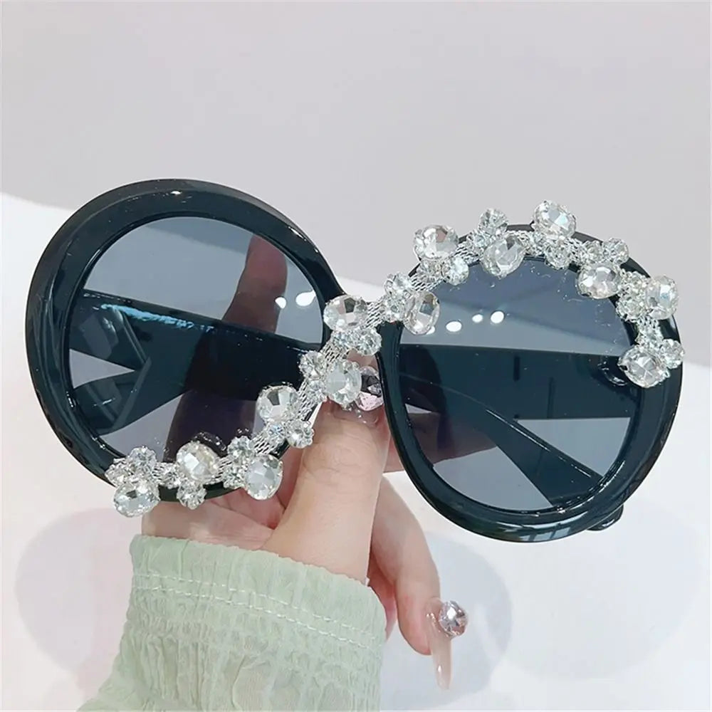 Oversized Round Frame Sunglasses Rhinestone Decor UV400 Protection Eyeglasses Asymmetrical Design Aesthetic Sun Glasses