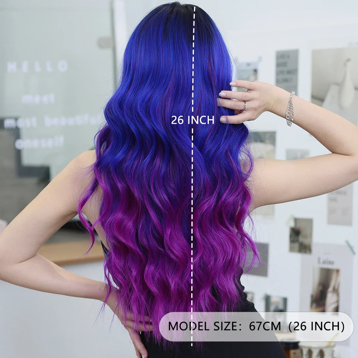 HD Transparent Lace Front Wig Blue Ombre Purple Body Wavy Wigs with Bangs