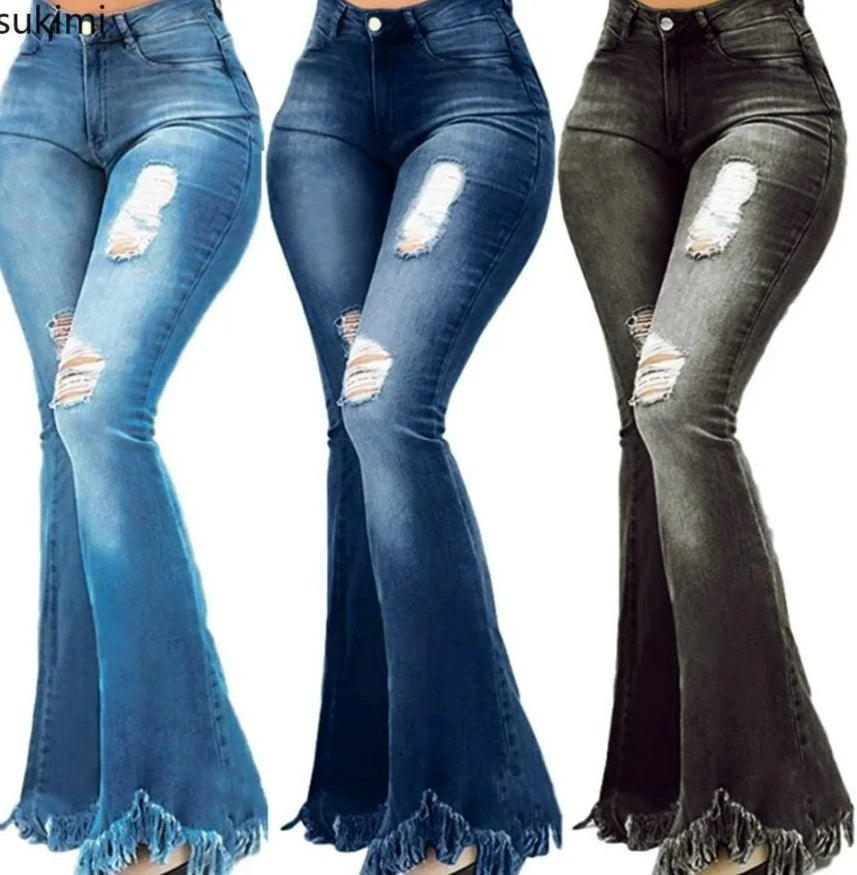 Full Length Denim Flared Pants High Waist Pockets