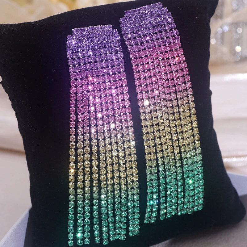 Sparkling Colorful Crystal Rhinestone Long Tassel Earrings