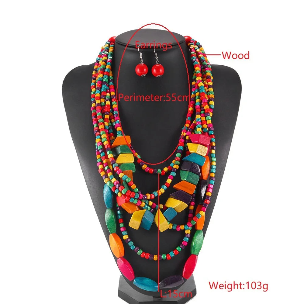 Bohemian Multilayer Long Wood Bead Statement Necklace Handmade Rainbow Beaded Jewelry