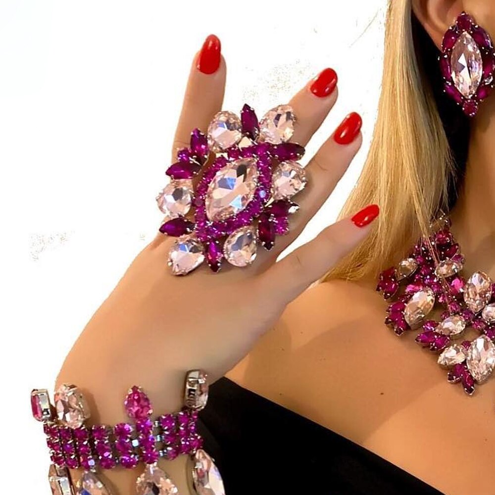 Luxury Purple Rhinestone Exaggerated Crystal Finger Ring Adjustable Jewelry