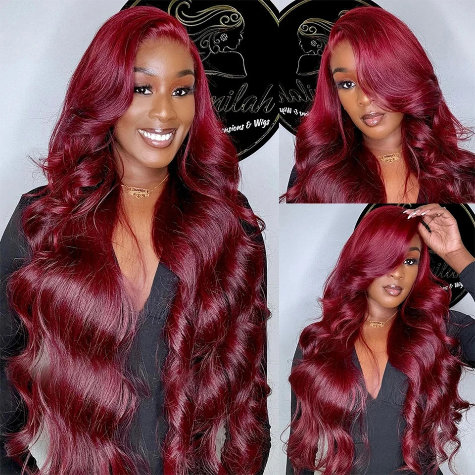Brazilian Body Wave Wigs 13x4x1 Lace T Part Wig Human Hair Wigs For Black Women 99 Cherry Red Colored Wavy Wig Bleached Knots