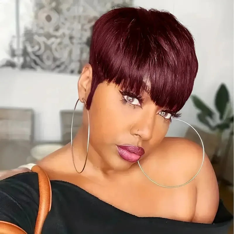 Red Burgundy 99J Color Short Bob Pixie Cut Wig With Bangs Straight Remy Human Hair Wigs For Women Full Machine Made Wig