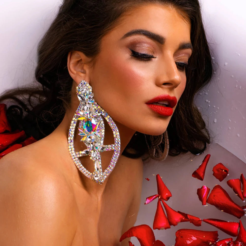 Elegant Women Exaggerate Dangle Earrings Colorful Crystal