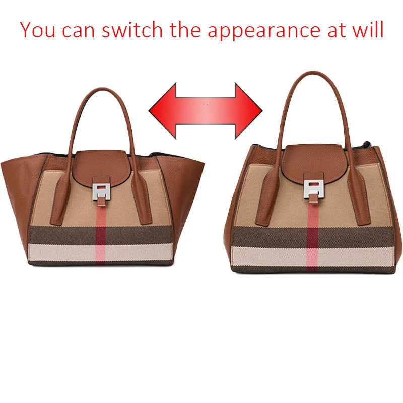 Striped Canvas Genuine Leather Trapeze Handbags