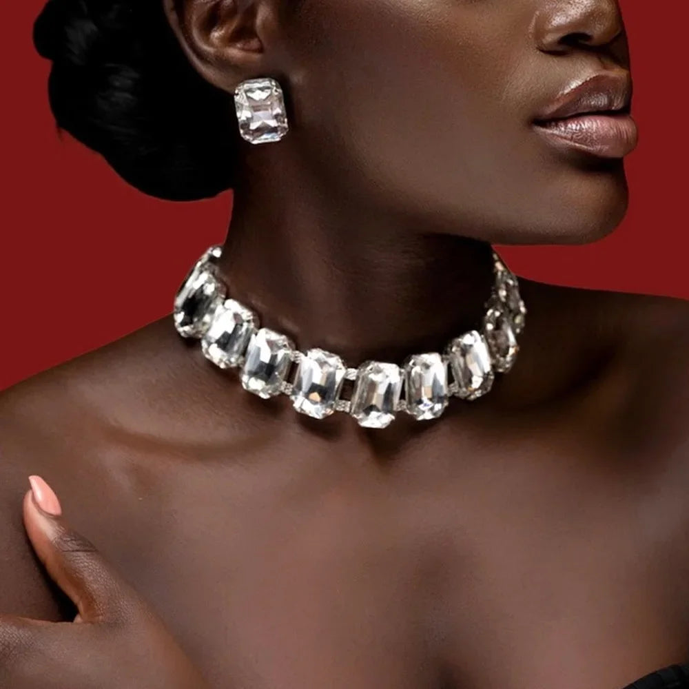 Exaggerated Square Rhinestone Choker Necklace Set