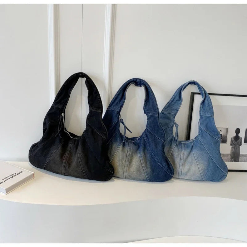 2023 New Winter Korean Fashion Shoulder Bag Lady Handbags Big Patchwork Denim Underarm Bags For Women Designer Bag And Purse