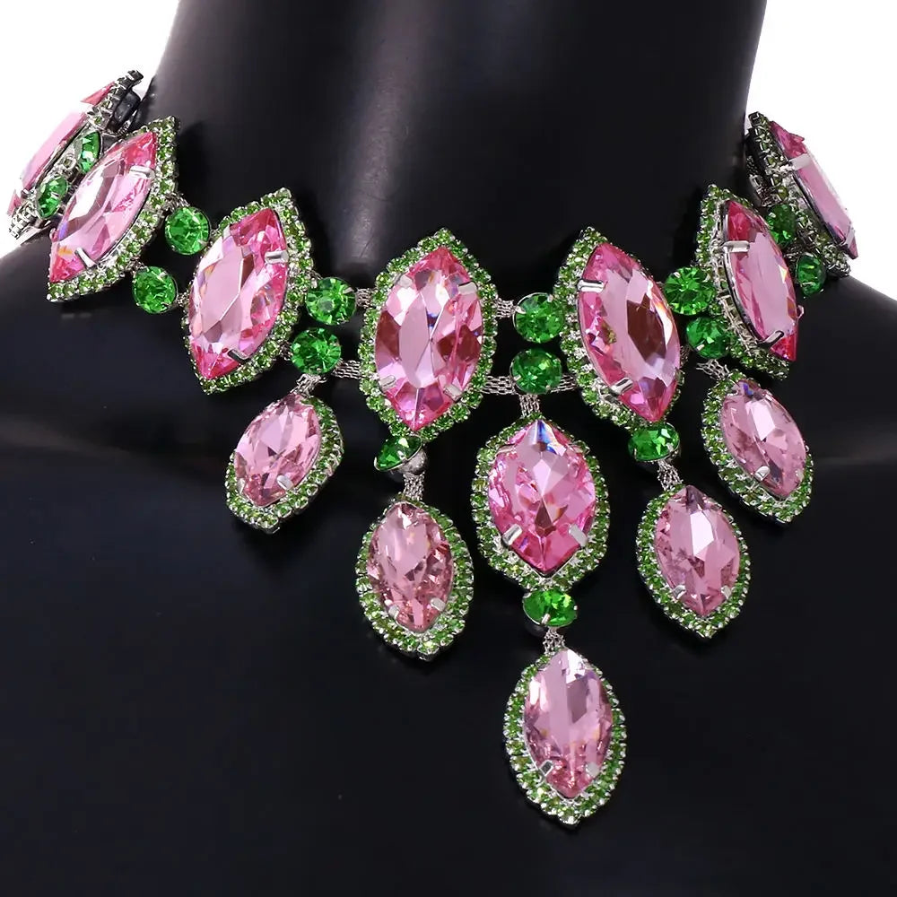 Exaggerated Geometric Pink and Green Rhinestone Necklace