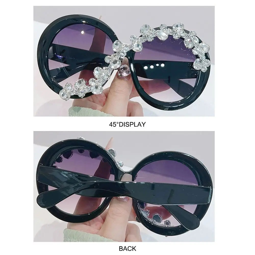Oversized Round Frame Sunglasses Rhinestone Decor UV400 Protection Eyeglasses Asymmetrical Design Aesthetic Sun Glasses