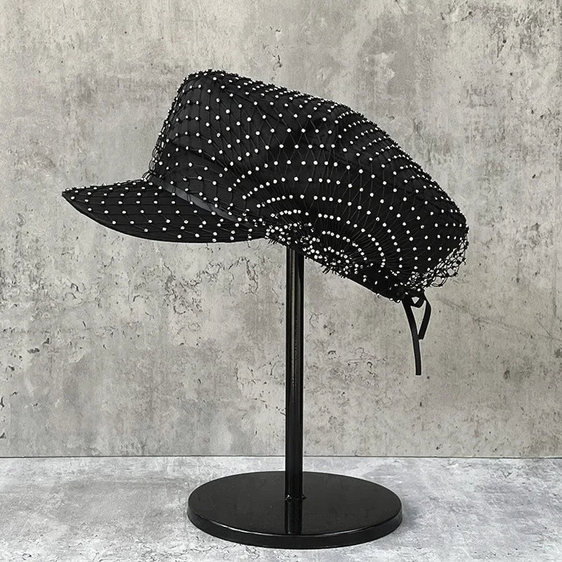 Italian Handmade Rhinestone Navy hat French Socialite Style Mesh Beret