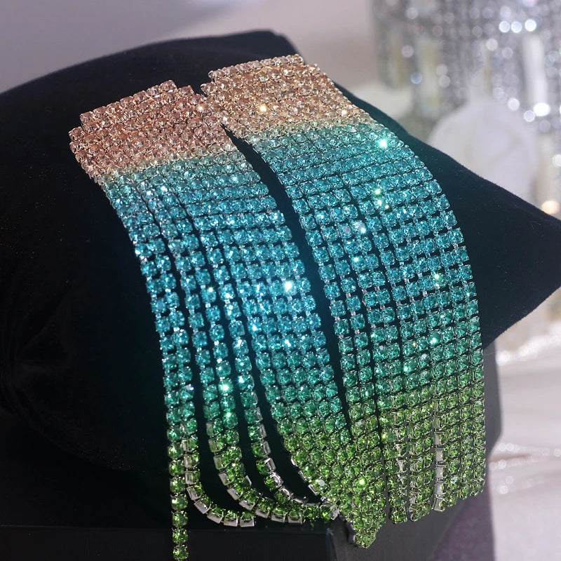 Sparkling Colorful Crystal Rhinestone Long Tassel Earrings
