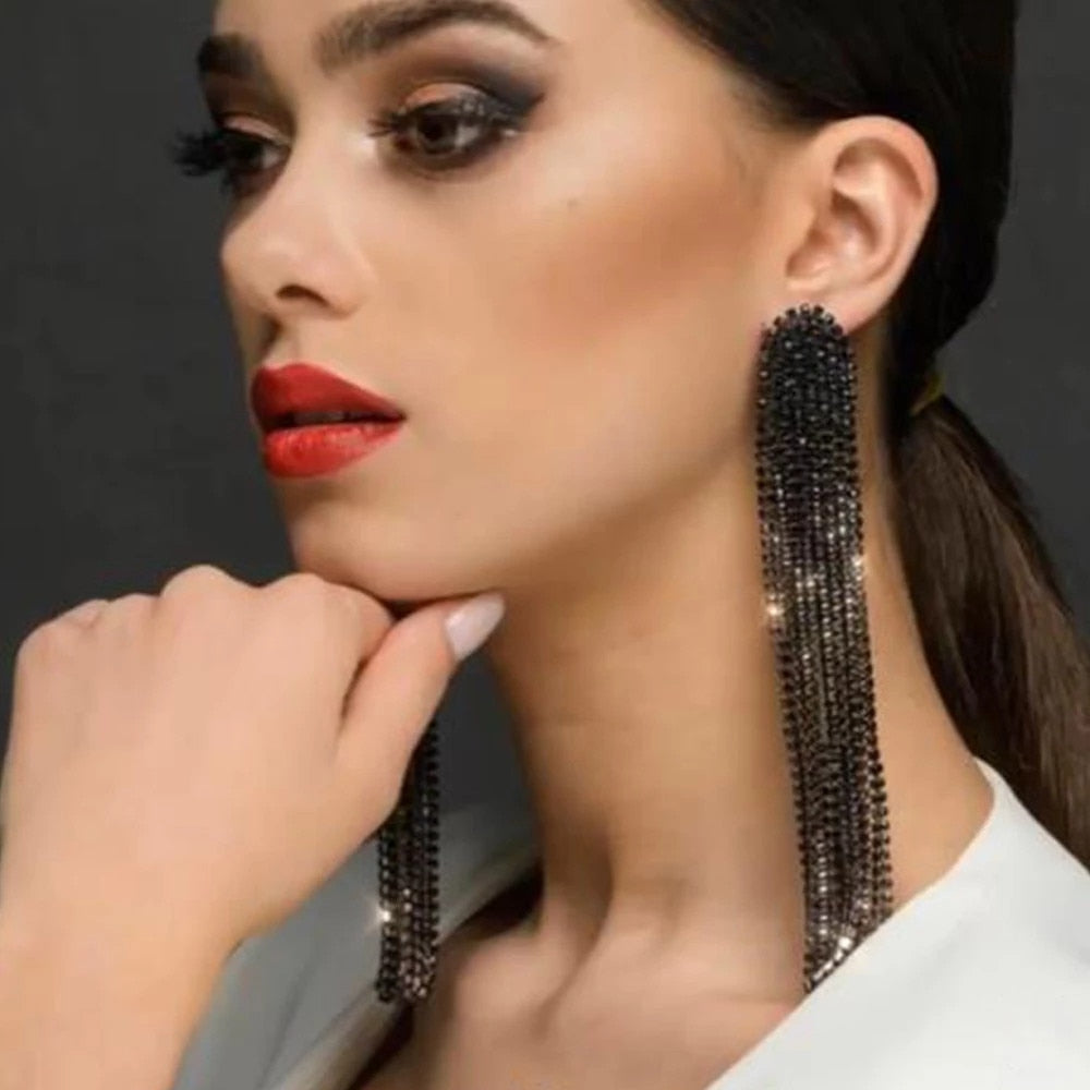 Long Tassel Rhinestone Earrings