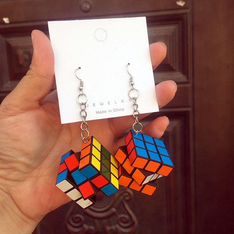 Donarsei Funny Resin 3D Magic Cube Drop Earrings For Women Colorful Geometric Speed Cube Dangle Earrings Novelty Jewelry