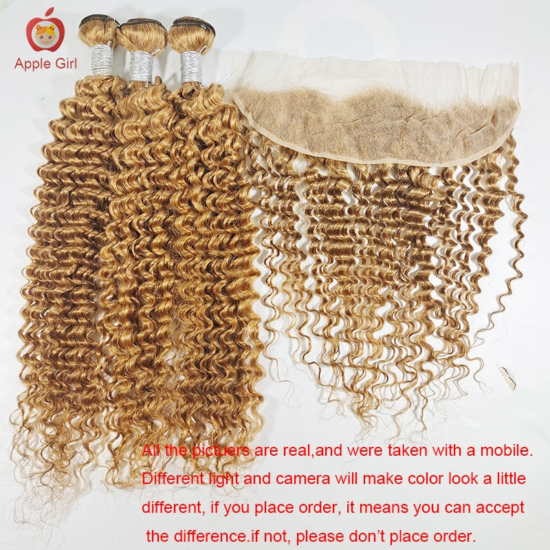 Honey Blonde Deep Wave Bundles With Frontal #27 Color Transparent Lace Frontal With Hair Bundles Brazilian Remy Hair