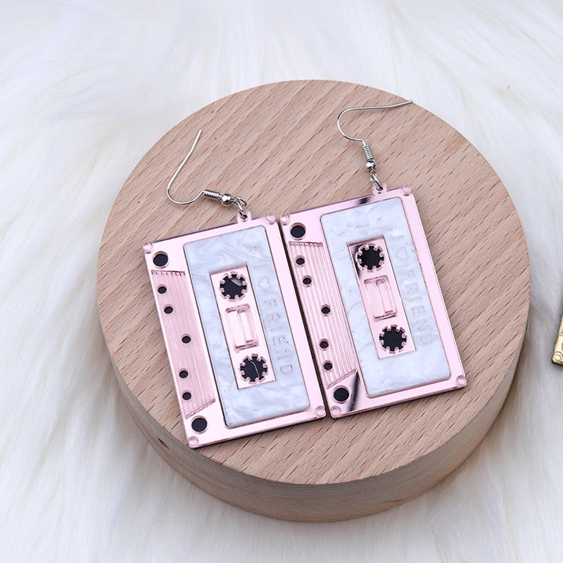 Vintage Simulation Cassette Tape Acrylic Earrings For Women Funny Multicolor Geometric Mirrored I Love Friend Tape Drop Earrings
