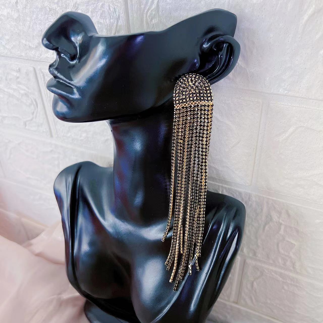 Long Tassel Rhinestone Earrings