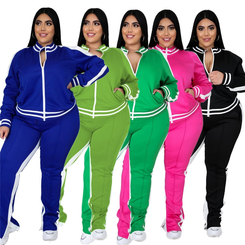 Plus Size L-5XL Two Piece Set Women Zipper Striped Top Slit Pants Outfit