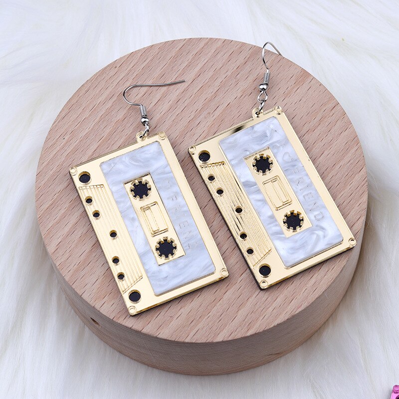 Vintage Simulation Cassette Tape Acrylic Earrings For Women Funny Multicolor Geometric Mirrored I Love Friend Tape Drop Earrings