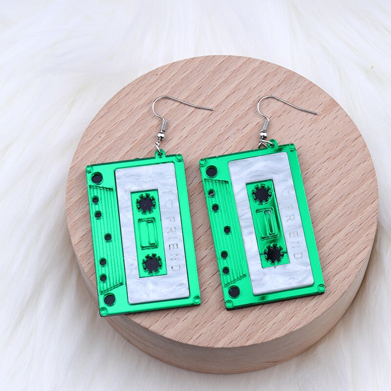 Vintage Simulation Cassette Tape Acrylic Earrings For Women Funny Multicolor Geometric Mirrored I Love Friend Tape Drop Earrings