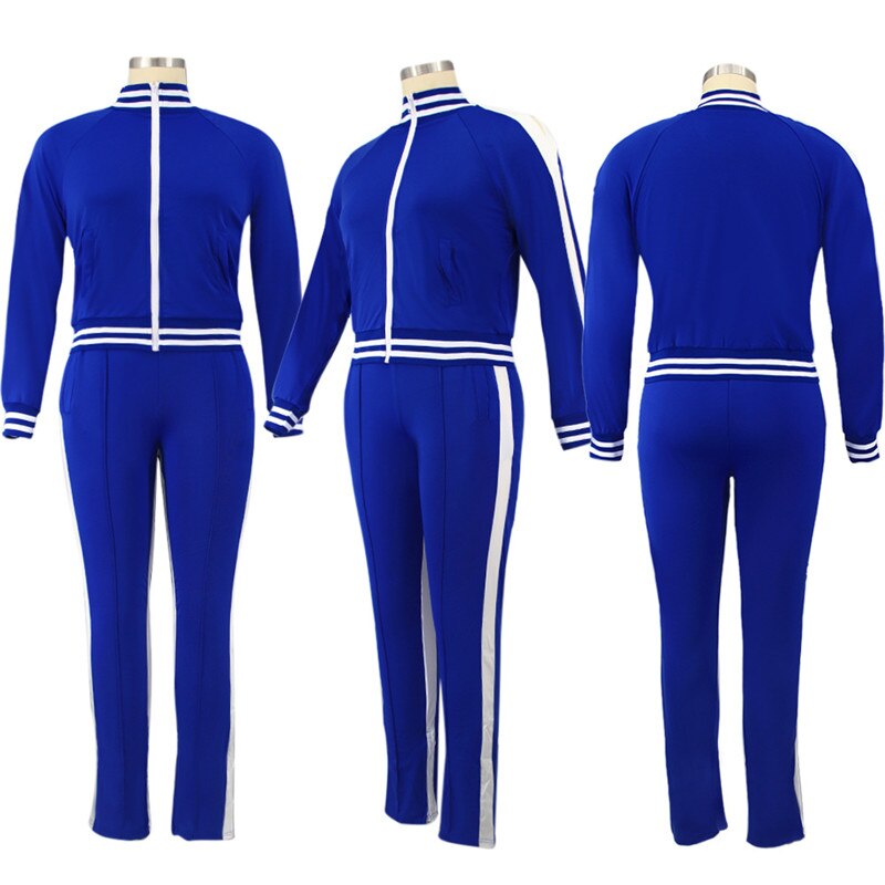 Plus Size L-5XL Two Piece Set Women Zipper Striped Top Slit Pants Outfit