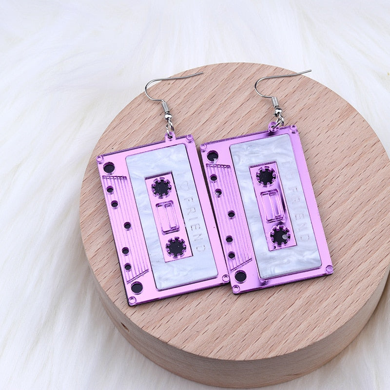 Vintage Simulation Cassette Tape Acrylic Earrings For Women Funny Multicolor Geometric Mirrored I Love Friend Tape Drop Earrings