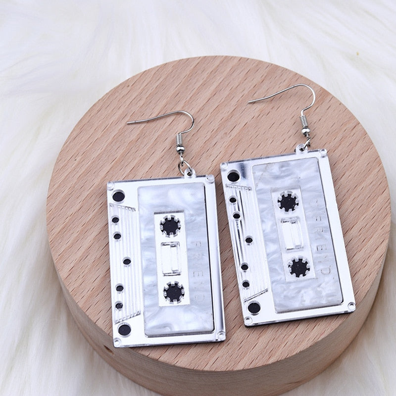 Vintage Simulation Cassette Tape Acrylic Earrings For Women Funny Multicolor Geometric Mirrored I Love Friend Tape Drop Earrings