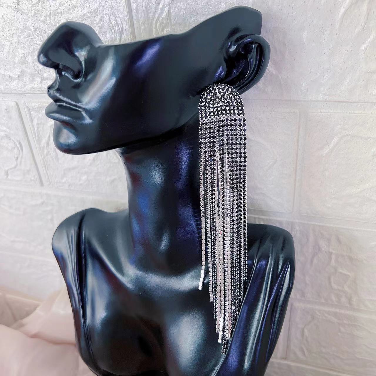 Long Tassel Rhinestone Earrings