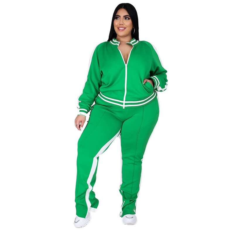 Plus Size L-5XL Two Piece Set Women Zipper Striped Top Slit Pants Outfit